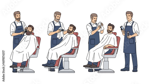 A collection of five vintage style illustrations depicting barbers in their shops giving haircuts and shaves to male clients in barber chairs
