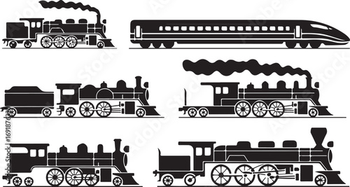 Silhouetted Locomotives A Collection of Train Icons Depicting Steam and Bullet Trains on Transparent Backdrop
