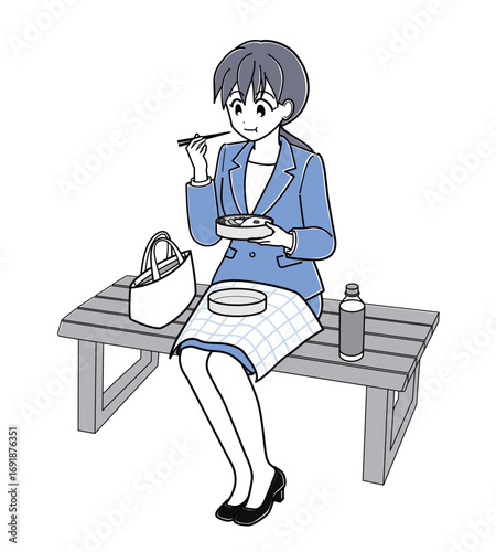 ベンチに座ってお弁当を食べているスーツのOLさん　その2（シンプル）