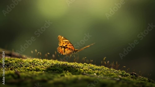 A butterfly hovers over mossy ground, bathed in soft sunlight