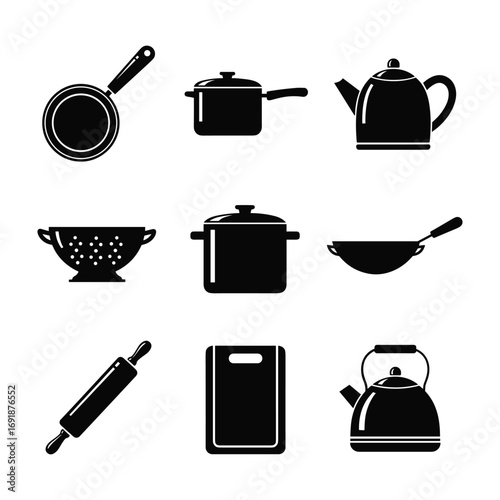 Black silhouette icons of kitchenware including pots pans colander rolling pin and kettles cooking utensil