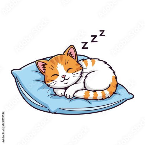 Cute orange and white tabby kitten sleeping soundly on a light blue pillow with zzz symbols napping