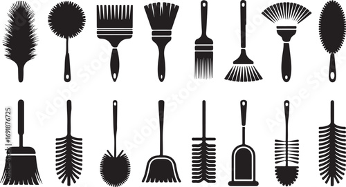 Brush Collection Assorted Cleaning and Painting Tool Silhouettes on Transparent Backdrop