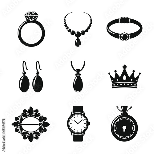 Set of nine black jewelry icons on a white background ring diamond