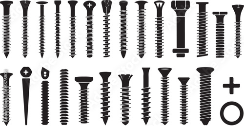 Screw Assortment Vector Set of Fastener Silhouettes on Transparent Background for Technical Drawings