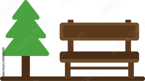 Stylized vector illustration of a green park tree and brown bench suitable for eps format graphics