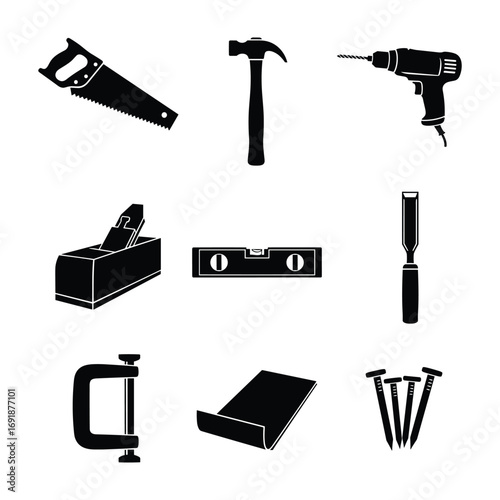 Collection of black silhouette carpentry tools and hardware on white background hammer drill