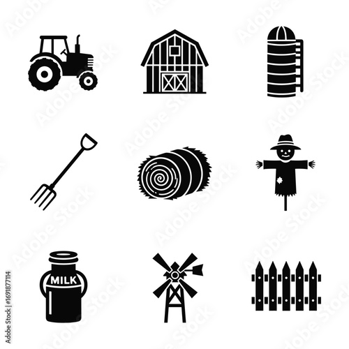 Black farm icons including tractor barn silo pitchfork hay bale scarecrow milk jug windmill and fence