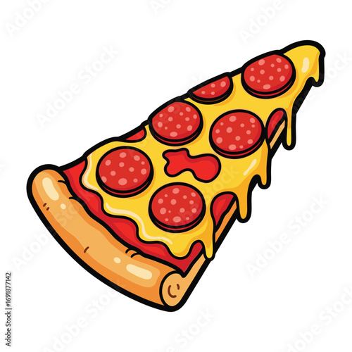 Slice of pepperoni pizza with melted cheese and red sauce vector