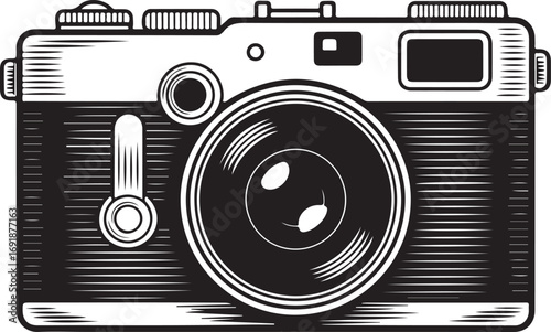 Classic Film Camera Illustration with Detailed Lens and Shutter Mechanism in Black and White