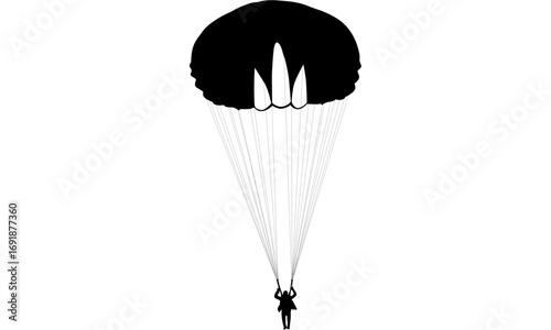 A person skydiving with a black parachute.
