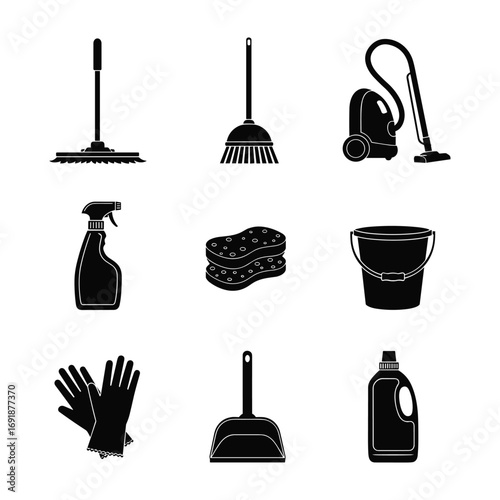 Black cleaning supplies icons including mop broom vacuum cleaner spray bottle sponges bucket gloves dustpan and detergent