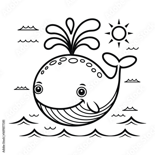 A happy cartoon whale spouting water with a sun and waves jumping ocean