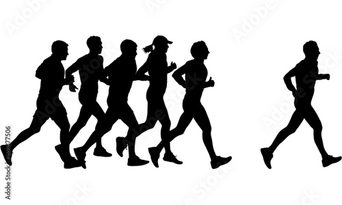 Silhouette of people running in a race, one person ahead of the group.