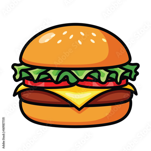 Cartoon hamburger with sesame seeds on bun lettuce tomato and cheese cheeseburger food