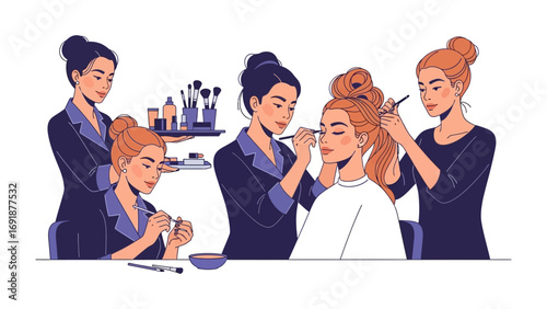Diverse group of women practicing makeup application and hairstyling in a beauty salon or workshop setting learning new techniques
