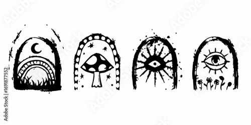 Four hand drawn arched symbols featuring a moon rainbow mushroom and mystical eyes with celestial elements