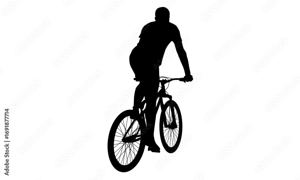 Fototapeta premium Silhouette of a person riding a mountain bike, viewed from behind, against a white background.