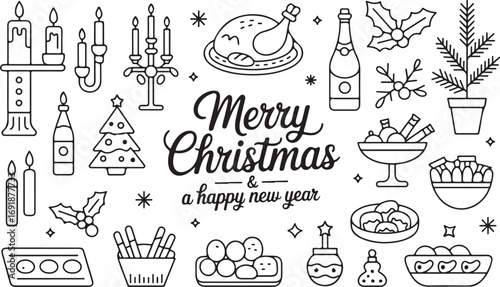 Holiday Season Feast Line Art Illustration with Festive Food and Drink Elements