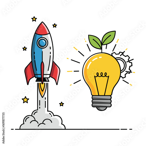 Red blue and white rocket launching next to a yellow light bulb with green leaves and a gear spaceship