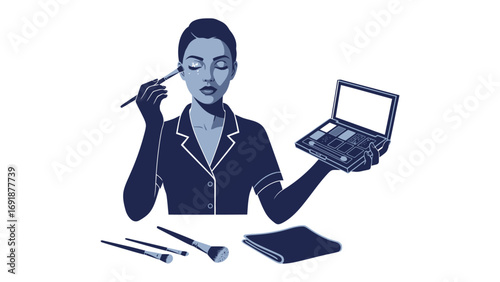 Stylish woman applying eye shadow with a brush holding a makeup palette in a modern illustration style