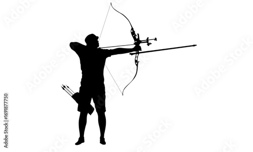 Silhouette of an archer aiming with a bow and arrow, ready to shoot at a target.