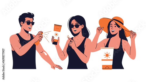 Three young friends applying sunscreen on a sunny day at the beach to protect their skin from harmful uv rays promoting sun safety and healthy outdoor activities