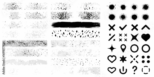 Collection of hand drawn grunge textures brush strokes and simple icons in black and white