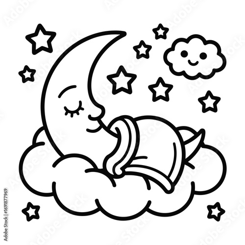 A sleepy crescent moon character rests on a cloud surrounded by stars and a smiling cloud sleeping face
