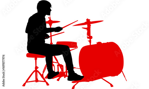 A black silhouette of a drummer playing a red and black drum set on a white background.
