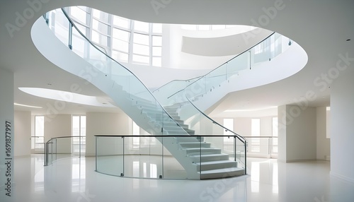 Modern architectural interior with a grand staircase.