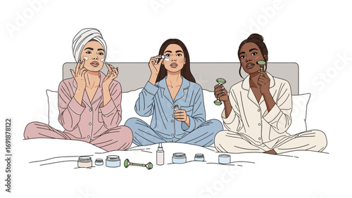Three diverse young women in pajamas and headscarves enjoying a relaxing self care spa night at home applying beauty products