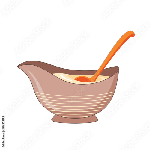 Ceramic gravy boat filled with savory brown gravy and a ladle for a traditional Thanksgiving holiday feast.