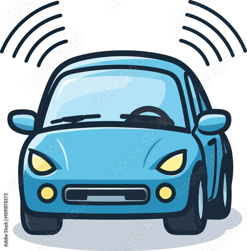 Illustration of a Smart Blue Car with Wireless Connection Emanating From Its Roof on a White Background