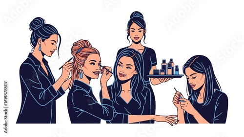Diverse group of women receiving professional makeup application and nail care services in a salon setting with beauty products displayed