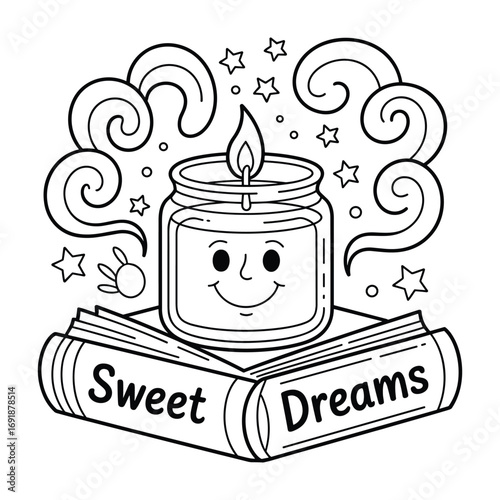 A smiling candle jar sits atop an open book with sweet dreams written on its pages surrounded by swirls and stars