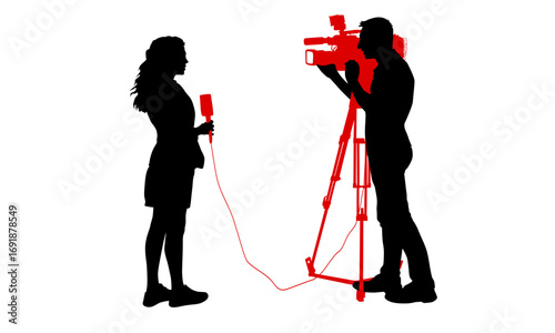 Silhouettes of a female reporter holding a microphone and a male cameraman filming with a video camera on a tripod, with red accents.