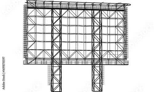 Wireframe rendering of a large metal structure, possibly a billboard or industrial support.