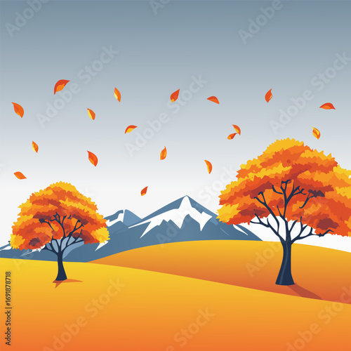 Autumnal Landscape: Two Golden Trees, Falling Leaves, and Distant Mountains