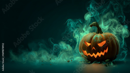 Glowing Jack-o'-Lantern Surrounded by Mysterious Green Smoke on Halloween Night