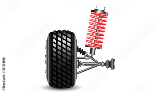 Illustration of a car wheel assembly with a red coilover shock absorber and suspension components on a white background.