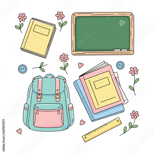 Cute school supplies backpack books ruler chalkboard flowers and buttons illustration vector