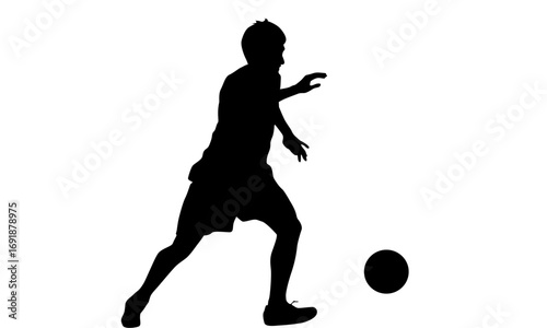 Silhouette of a soccer player dribbling a ball on a white background.