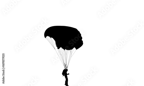 Silhouette of a skydiver with open parachute against a white background.