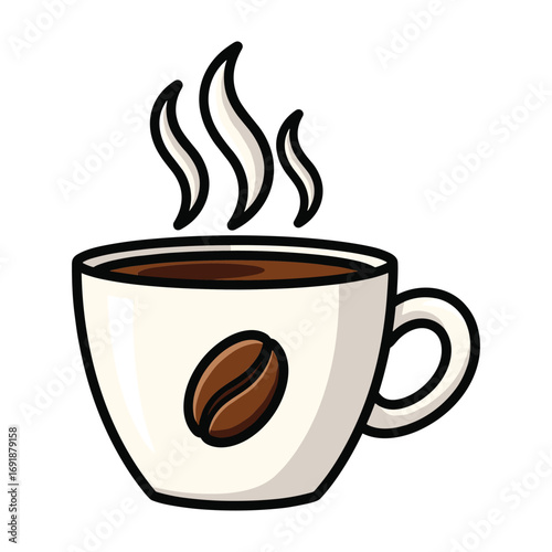 White coffee cup with steam and coffee bean illustration hot drink white cup
