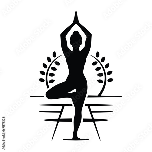 Black silhouette of a woman in tree pose yoga with abstract circular leaf design vrikshasana