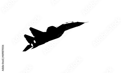 Silhouette of a jet fighter aircraft soaring through the sky, captured in a side profile.