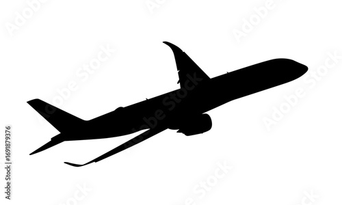 Silhouette of a jet airplane in flight against a white background.