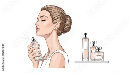 Elegant woman with eyes closed applying perfume from a spray bottle with a collection of stylish fragrance bottles displayed on a shelf in the background
