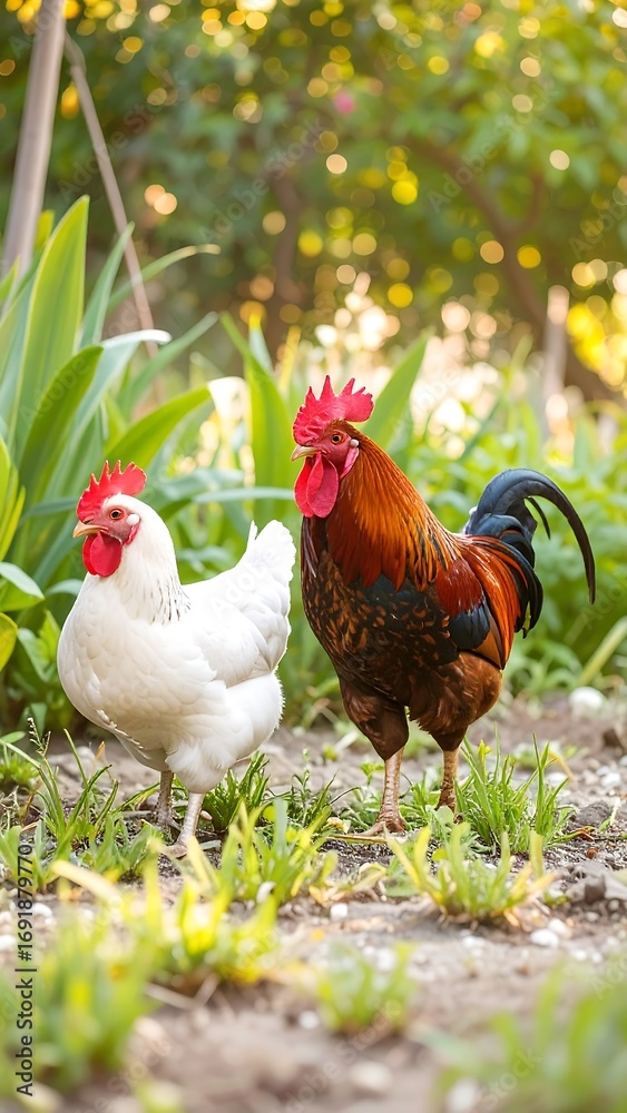 Fototapeta premium Rooster and hen in garden (1)